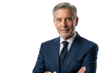 Confident middleaged businessman in blue suit standing with arms crossed, isolated on transparent background