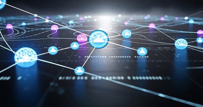 Abstract digital network visualization with interconnected nodes and glowing elements