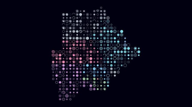 Botswana map animation. Shape of the country with pulsating colored dots. Large size circle blocks. Digital style Botswana map on dark background. Awesome video.