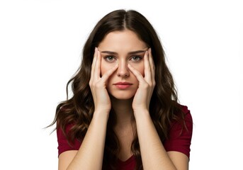 Portrait of a contemplative woman holding her face with a thoughtful expression
