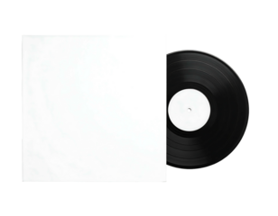 Vinyl record partially in a blank white sleeve, against black backdrop, with grooves and label visible