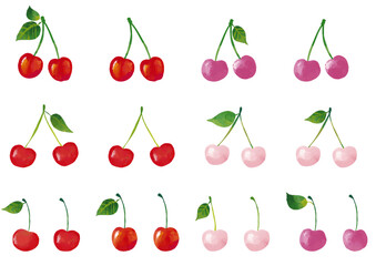 水彩風 サクランボのイラストセット（葉っぱ付きあり）Cute Fruit Series:Watercolor cherry illustration set (with leaves)
