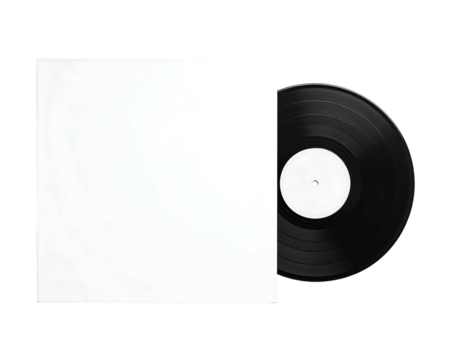 Vinyl record partially in a blank white sleeve, against black backdrop, with grooves and label visible