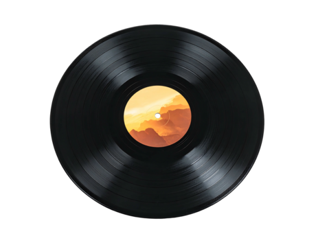 Vinyl record with a sunset in the center, on black