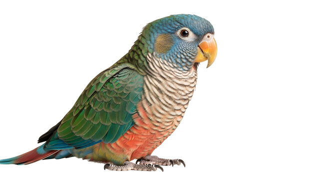 A vibrant blue-crowned conure parrot with colorful plumage, including green wings and an orange belly, perched and isolated on a clean white background