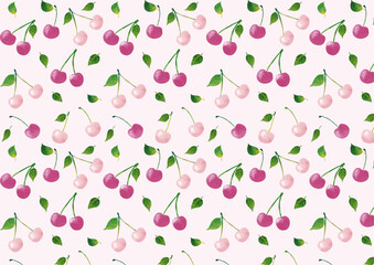 水彩風 ピンクのサクランボのパターン Cute Fruit Series:Watercolor style bright red cherry pattern