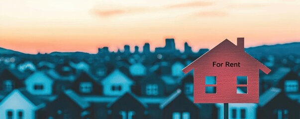 Cityscape view with a focus on a house sign for rent against a vibrant sunset.