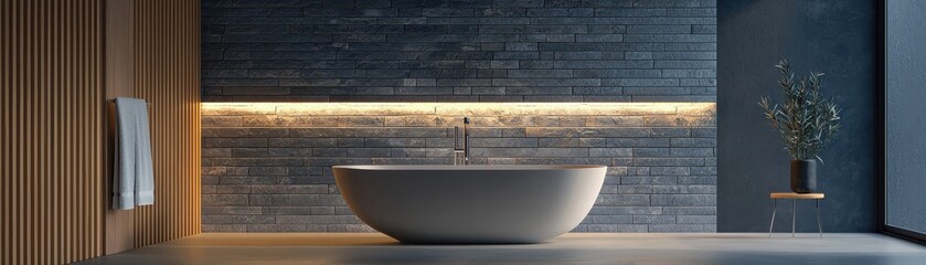 Modern bathroom with a minimalistic bathtub and warm ambient lighting.