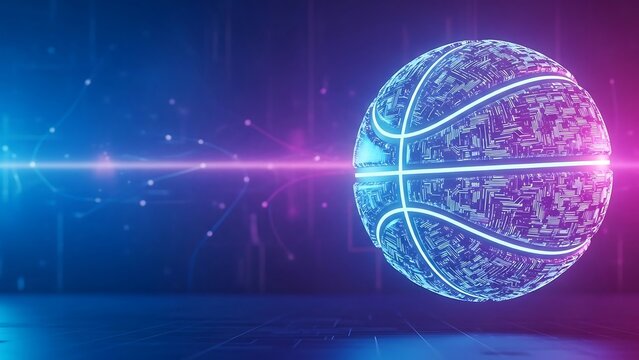 Abstract digital basketball with futuristic glowing lines and cybernetic design