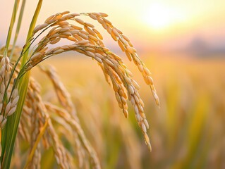 Golden rice stalks against a serene sunset backdrop in a tranquil field.