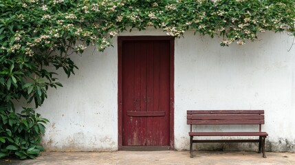 A rustic red door framed by green foliage and a wooden bench invites relaxation outdoors.
