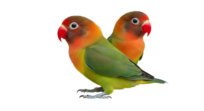 A charming pair of vibrant lovebirds, displaying striking green, orange, and red plumage on a white background. These beautiful parrots symbolize natural beauty and affection