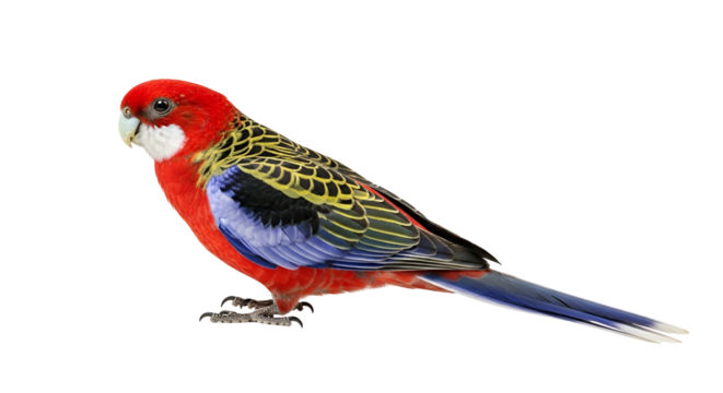 A vibrant and exotic Eastern Rosella parrot showcasing its striking red, blue, and yellow plumage while perched, isolated on a seamless white background