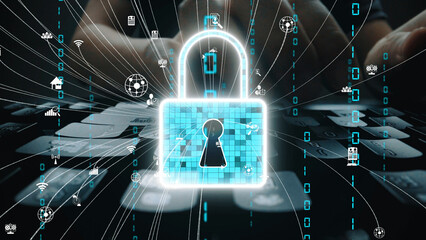 A vibrant digital representation of a lock symbolizing cyber security. Technology icons surround the lock, highlighting the importance of data protection in the digital era. Xenic