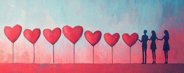 Silhouettes of people interacting surrounded by heart-shaped balloons at sunset.