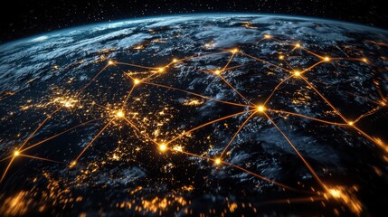 An aerial view of Earth showcasing illuminated connections in a digital network.