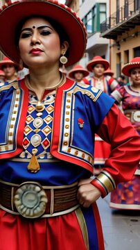 Colorful Traditional Parade with Women in Vibrant Red and Blue Costumes on a Historic City Street