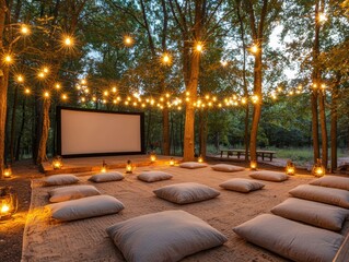 A cozy outdoor movie setup with comfy cushions and fairy lights in a serene forest.