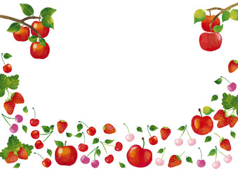 水彩風 かわいい果物（サクランボ・イチゴ・リンゴ）のフレーム Cute Fruit Series:Watercolor style cute fruit (cherries, strawberries, apples) frame