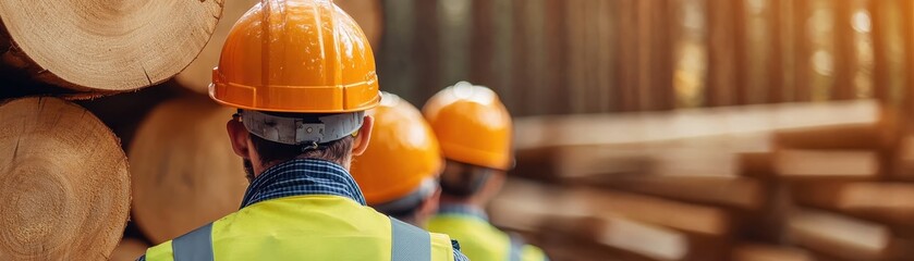 Workers in safety gear observing logs at a lumber yard for timber processing.