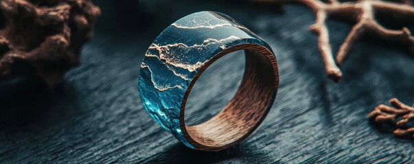 A handcrafted ring featuring a unique blend of wood and resin designs.