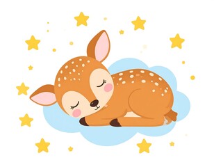 Cartoon fawn asleep on a cloud, surrounded by stars