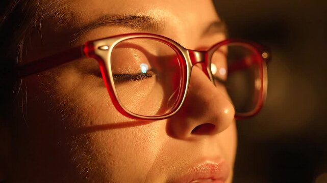 Close up of a girl wearing red-rimmed glasses with her eyes closed, bathed in warm light