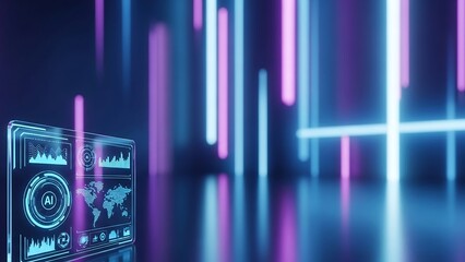 Abstract digital interface and data visualization against blurred neon lights