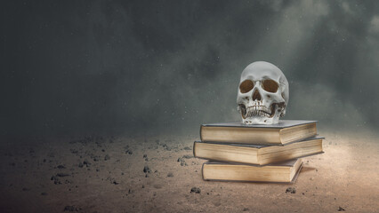 Human head skull on a stack of books on the field with a dark background. The scene is scary and...