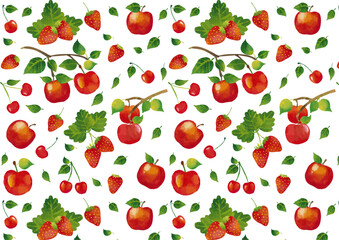 水彩風 かわいい果物（サクランボ・イチゴ・リンゴ）のパターン2 Cute Fruit Series:Watercolor style cute fruit (cherries, strawberries, apples) pattern