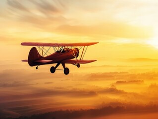 A vintage biplane soaring in the sky during a breathtaking sunset.