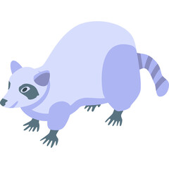 Isometric Cartoon Raccoon With Light Blue Fur And Striped Tail On Transparent Background