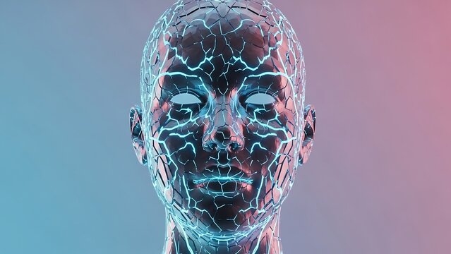 Abstract digital render of a human head with luminous veins and neural network