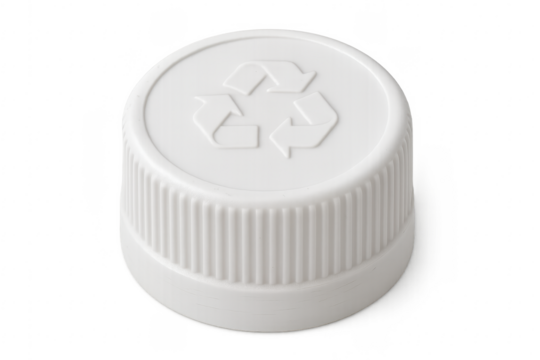 White plastic bottle cap featuring recycle symbol