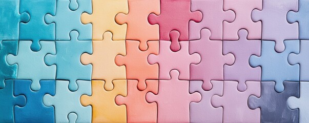 Colorful puzzle pieces arranged in a harmonious gradient pattern for creative designs.