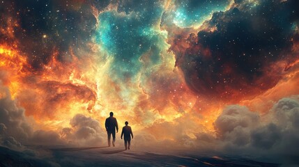 Fototapeta premium Two figures walking toward a vibrant nebula. Background is space and clouds. Suitable for a poster or wallpaper