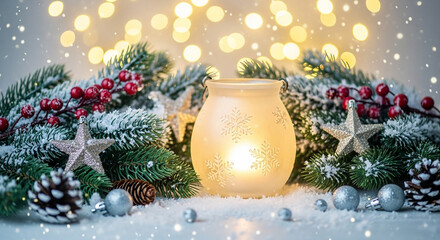 A glowing lantern surrounded by frosted pine branches, red berries, pinecones, and sparkling snowflakes, creating a magical winter holiday atmosphere with bokeh lights in the background