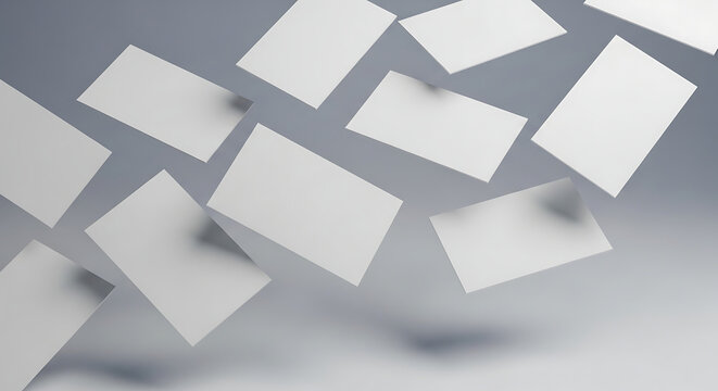Minimalist scene with a cascade of blank white paper cards, perfect for a professional business presentation or branding mockup - Powered by Adobe