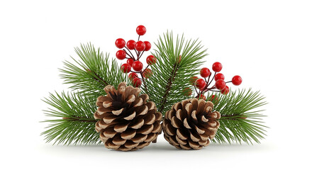 Two large pinecones with vibrant red berries and green pine needles, isolated on a clean white background, representing natural winter holiday elements