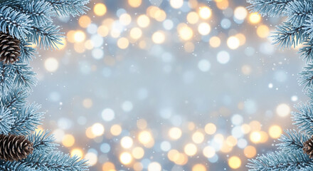 Softly blurred background with golden bokeh lights and frosted blue pine branches framing the edges, creating a magical and festive winter holiday atmosphere