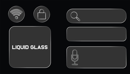 A collection of modern interface elements, including a liquid glass panel and various icons, isolated on a clean white background.eps