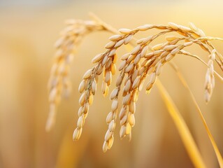 Close-up of golden wheat ear illuminated by sunlight, symbolizing harvest and abundance.