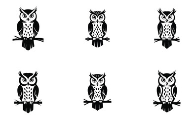 Elegant Owl Icon Set Minimal Black and White Vector Owls on Branch for Logos, Labels, and Design Elements