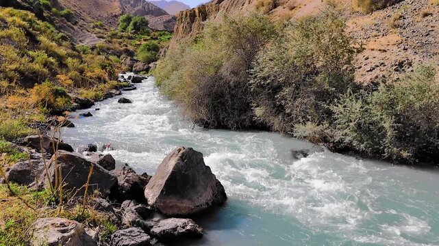 Mountain river in Fann mountains Pamir Alay range in Tajikistan