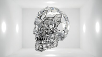 Abstract geometric skull rendered in metallic silver with interior lighting