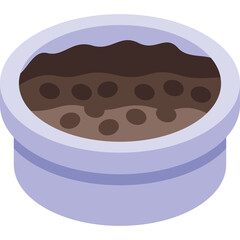 Light Purple Rimmed Circular Pot Filled With Dark Brown Soil And Small Round Brown Seeds Illuminated By Soft Light