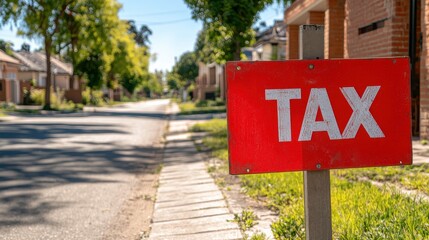 A red tax sign stands prominently on a quiet suburban street amidst green surroundings.