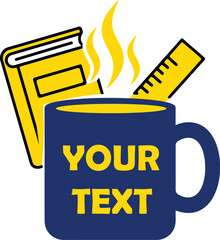 Vector graphic icon of a steaming coffee mug with a book and ruler for education or office concepts