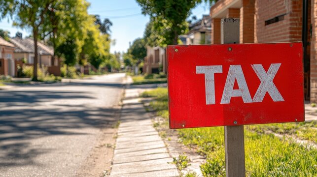 A red tax sign stands prominently on a quiet suburban street amidst green surroundings.