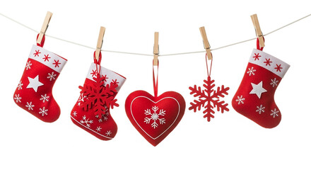 Red christmas stockings, a heart ornament, and a snowflake hanging on a string with clothespins, isolated on white background
